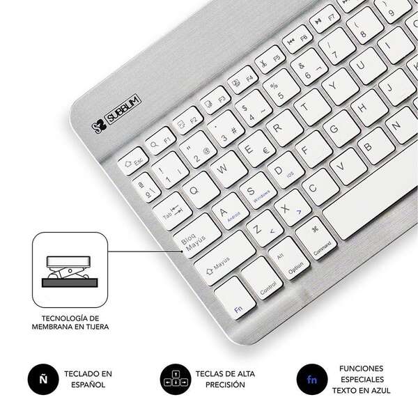 Teclado Bluetooth inteligente Subblim - Ultrafino e ultraleve - Conectividade sem fios Bluetooth 30 - Compatível com Apple, Android, Windows e Smart TV - Design fino de 6 mm - Teclas tipo pastilha elástica - Bateria de longa duração - Cor prata