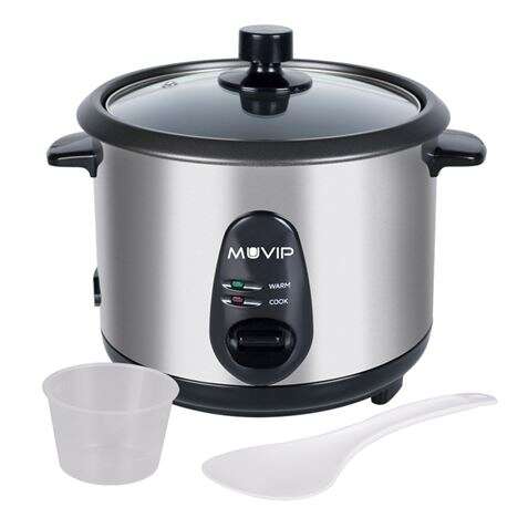 Panela elétrica de arroz Muvip - Capacidade de 2,8 litros - Potência de 1000 W - Corpo em aço inoxidável - Recipiente antiaderente - Tampa de vidro - Acessórios incluídos - Cor cinzenta