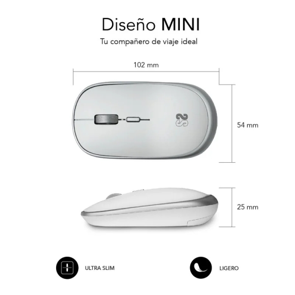 Mini mouse sem fio Subblim - 54 mm x 25 mm - Silencioso - Precisão ajustável - Acabamento de qualidade - Ambidestro - 4 botões - Economia de energia - Branco