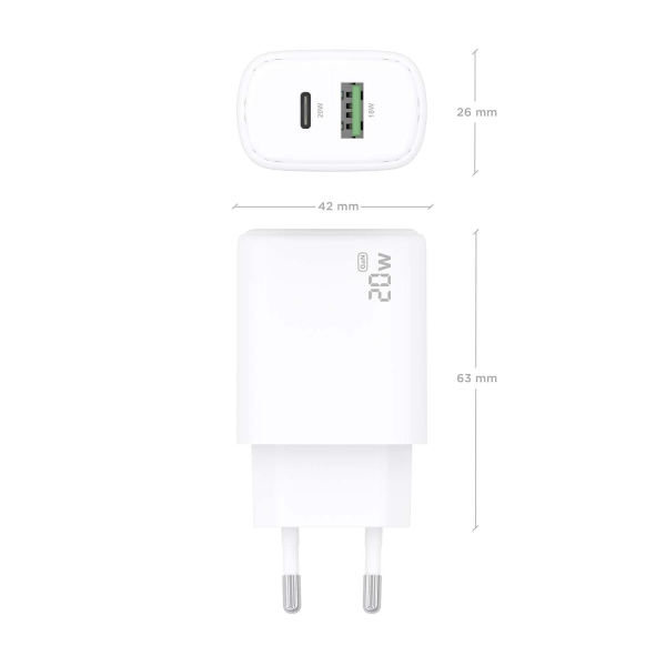 Carregador Aisens GaN 20W - 1xUSB-C PD3.0 - 1xUSB-A QC3.0 - Branco