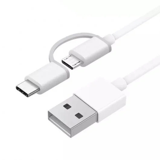 Cabo Xiaomi USB-A para MicroUSB com Adaptador USB-C - 1 m de comprimento - Branco