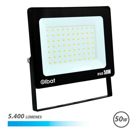 Foco LED Elbat 50W - Potência: 50W - Lumens: 5400 - 6.500K Luz Fria - 30.000 - 50.000 Horas de Vida - Ângulo 120º - Proteção: IP65 para Uso Exterior - Cor Preto