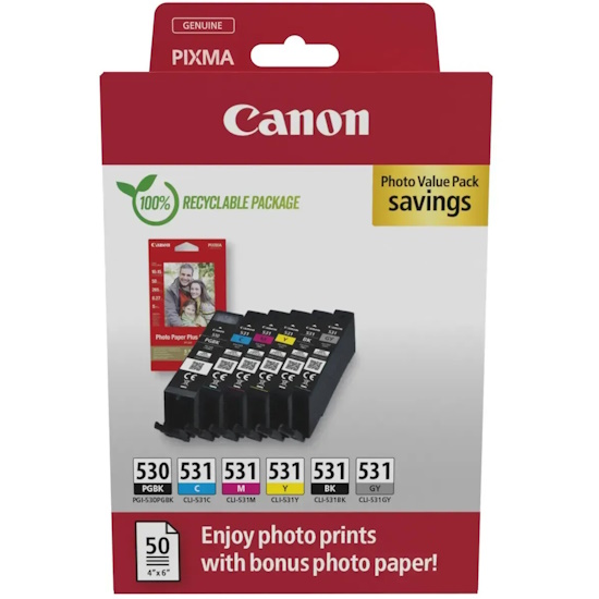 Canon PGI530/CLI531 Pack 6 Tinteiros + 50 Folhas Papel Fotografico 10x15cm - 6117C004