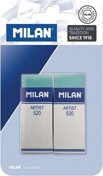 Milan Nata 520 Pack de 2 Borrachas Retangulares - Plástico - Faixa de Cartão Branco - Não Danifica o Papel - Verde