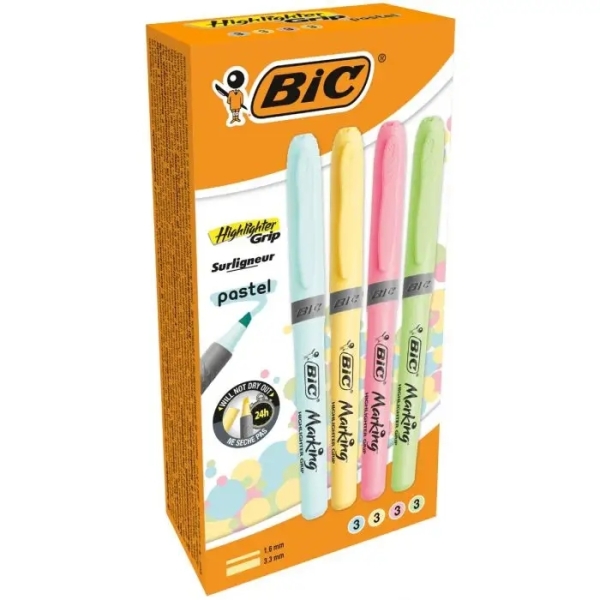 Bic Highlighter Grip Pack de 12 Marcadores Pastel Fluorescentes - Ponta Chanfrada - Linha entre 1,60 e 3,30 mm - Punho Texturizado - Cores Pastel Sortidas