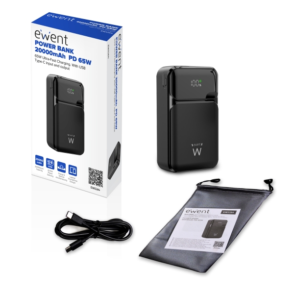 Powerbank Ewent EW1164 20000mAH 65W PD - USB-A, USB-C - Display LED - Cor Preto