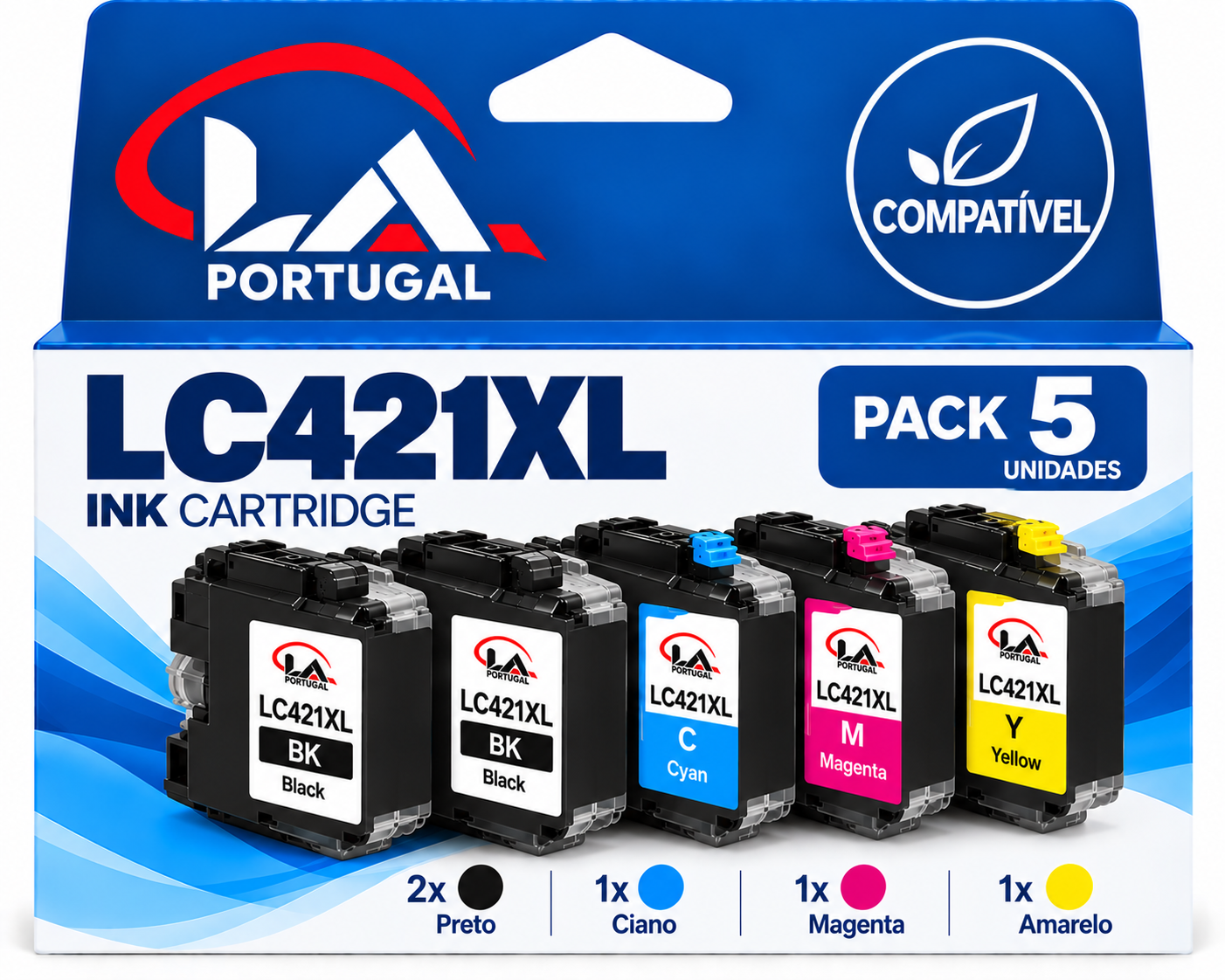 PACK 5 BROTHER LC421XL - 2 PRETOS + 1 CADA COR COMPATIVEL