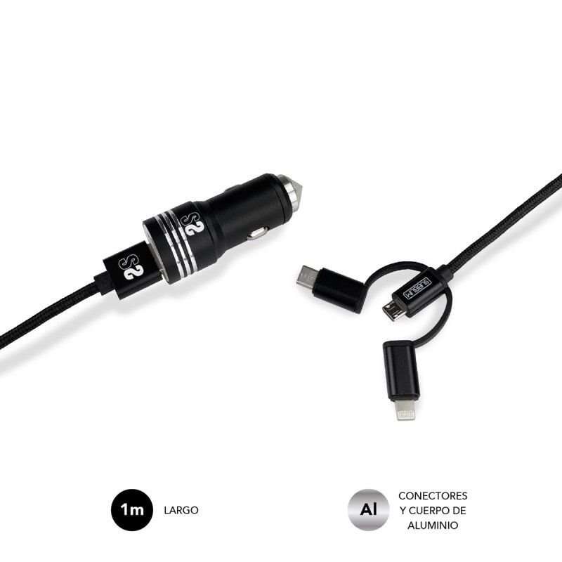 Carregador de isqueiro Subblim Dual USB - 1 m de comprimento - Carregamento rápido até 2.400 A/12 W - Exterior em fibra de nylon durável - Preto