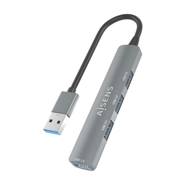Hub USB Aisens Ultra Slim em Alumínio - 1xUSB3.0 + 3xUSB2.0 - Alta Velocidade 5 Gbps - Alimentado por Barramento USB - Cinzento