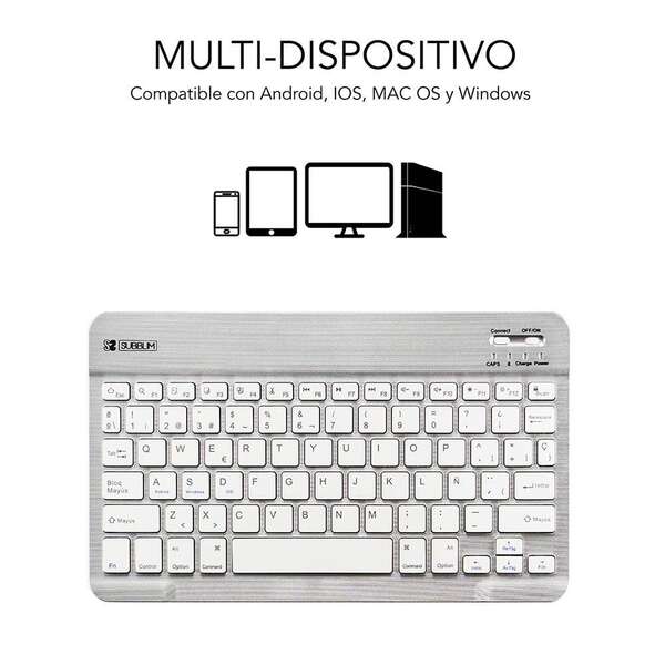 Teclado Bluetooth inteligente Subblim - Ultrafino e ultraleve - Conectividade sem fios Bluetooth 30 - Compatível com Apple, Android, Windows e Smart TV - Design fino de 6 mm - Teclas tipo pastilha elástica - Bateria de longa duração - Cor prata