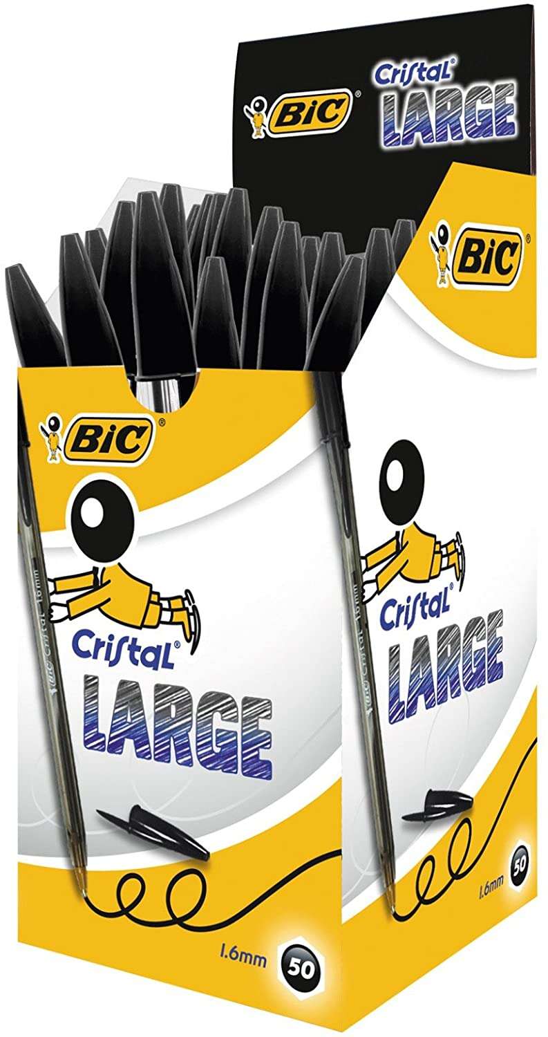 Caixa 50 Canetas Esferográfica Grande Bic Cristal - Ponta de 1,6 mm - Linha de 0,60 mm - Tinta à Base de Óleo - Translúcida - Preta