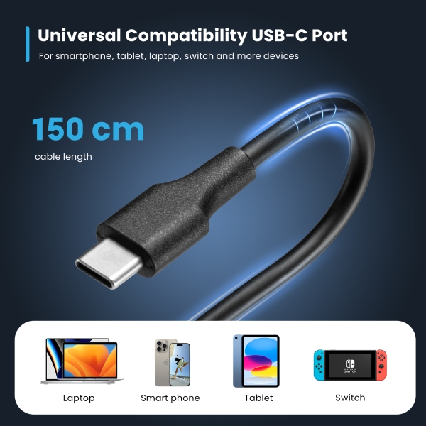 Carregador USB Tipo C para portátil Ewent - Potência máxima fornecida: 65 W - Comprimento do cabo: 300 cm - Preto