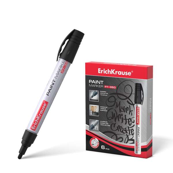 Caixa 6 unidades Marcador de tinta Erichkrause PT-350 - Sistema de fornecimento de tinta por válvula - Corpo em alumínio resistente - Ponta tipo bala - Resistente à água e aos raios UV - Preto