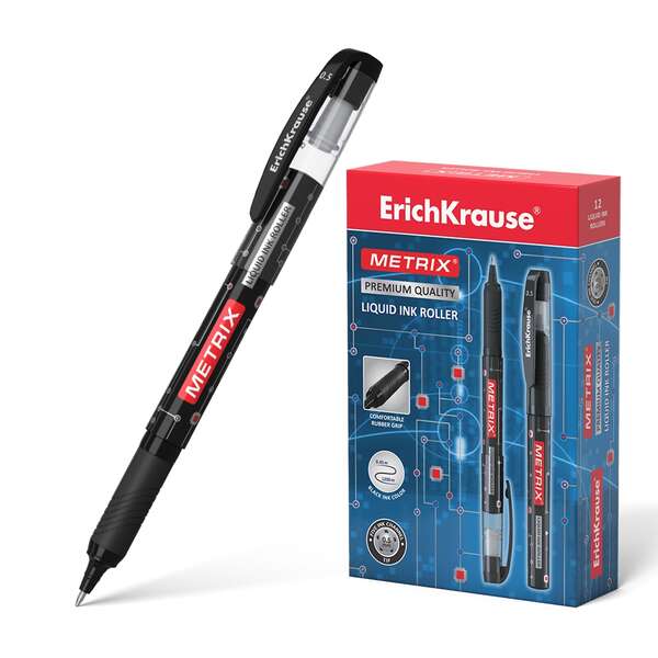 Caixa 12 Canetas de tinta gel Erichkrause Metrix - Ponta de 0,5 mm - Punho de borracha - Tampa de encaixe - Secagem rápida - Preta