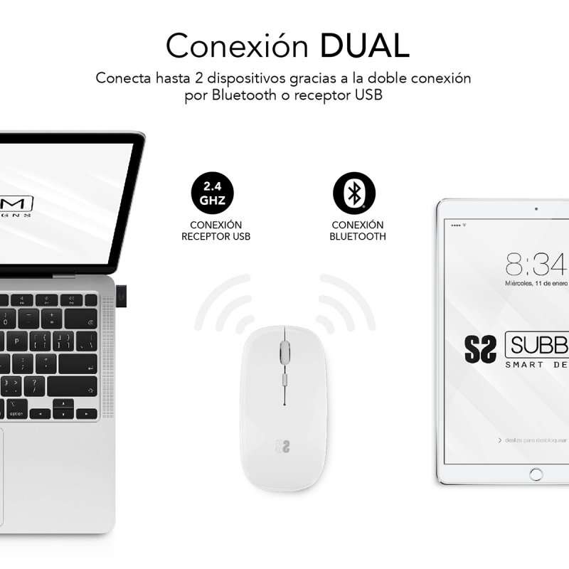 Rato Subblim Dual Flat - Ligação Dupla - Clique Silencioso - Bateria Recarregável - Roda de Silicone - Precisão de 1600 DPI - Branco