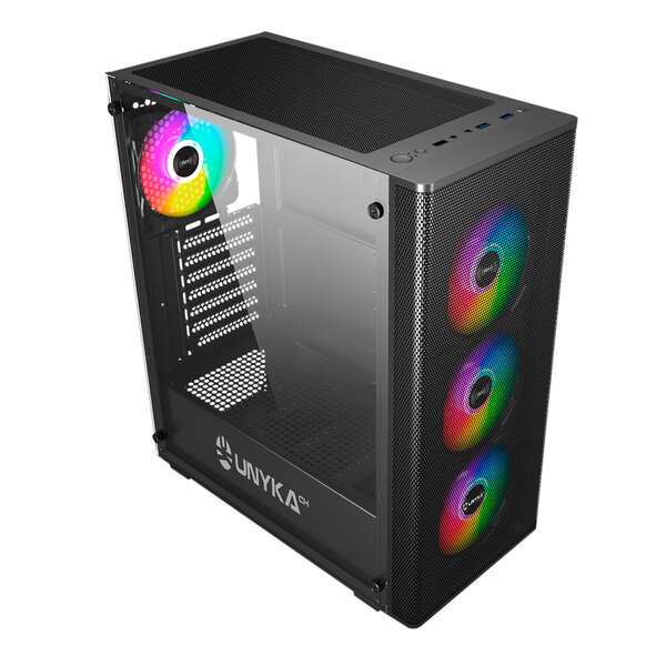 Caixa para jogos Unykach MIR 100 ATX, Micro ATX, ITX - Painel lateral em vidro temperado - USB-A 2.0, 3.0 e áudio - 4 ventoinhas ARGB de 120 mm pré-instaladas - Compatível com refrigeração líquida