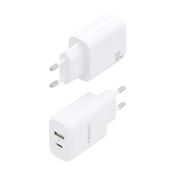 Carregador Aisens GaN 30W - 1xUSB-C PD3.0 QC4.0 - 1xUSB-A QC3.0 - Branco