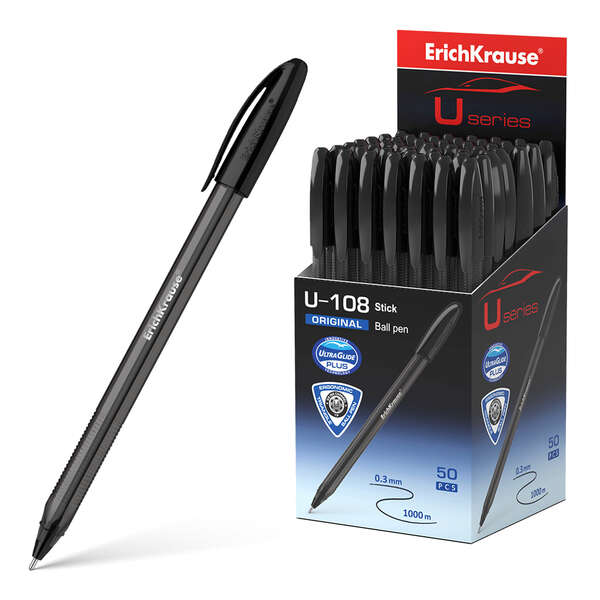 Caixa 50 Canetas Esferográfica Erichkrause U-108 Classic - Caneta Esferográfica de 1,0 mm - Curso de 0,3 mm - Tampa Ventilada - Corpo Translúcido e Colorido - Tecnologia Ultra Glide - Preta