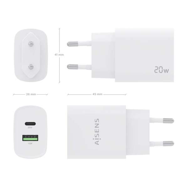 Carregador Aisens 20W - 1xUSB-C PD3.0 - 1xUSB-A QC3.0 - Branco
