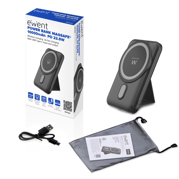 Powerbank Ewent EW1162 Magsafe 10000mAH 22,5W PD e QC - USB-C, USB-A - Cor Preto