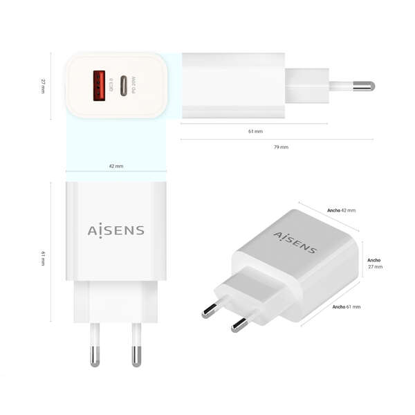Carregador Aisens 20W - 1xUSB-C PD3.0 - 1xUSB-A QC3.0 - Branco
