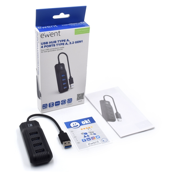 Hub USB 3.2 Ewent EW1138 de 4 portas - Comprimento do cabo 15 cm - Velocidade máxima de transferência 5Gps - Preto