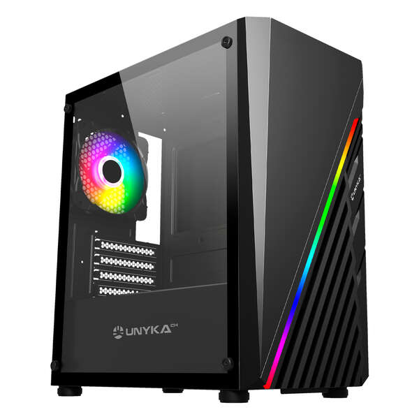 Caixa Unykach Mini Glayze Micro-ATX - Iluminação ARGB - Painel lateral em vidro temperado - USB-A 2.0/3.0 e áudio - 1 ventoinha RGB de 120 mm instalada - Preto