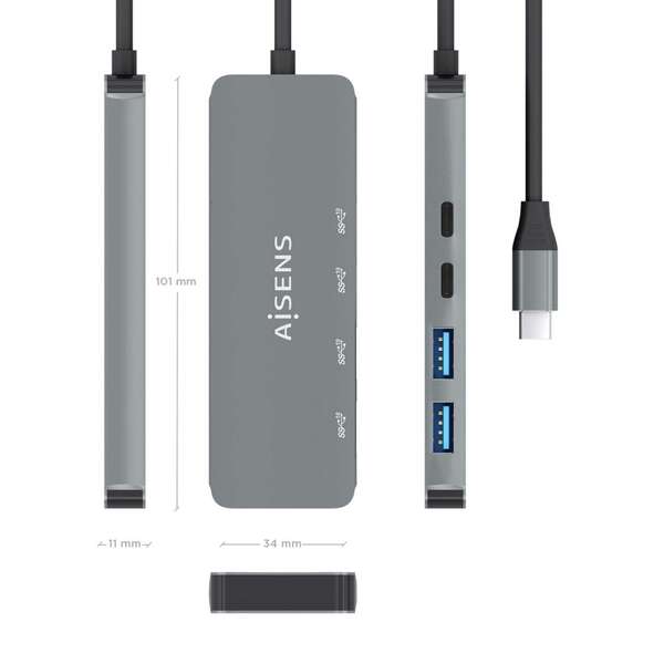 Aisens Hub USB 3.2 GEN2 10G USB-C - USB-C/M-2xUSB-C/H-2xUSB-A/H - 15cm - Cor Cinza
