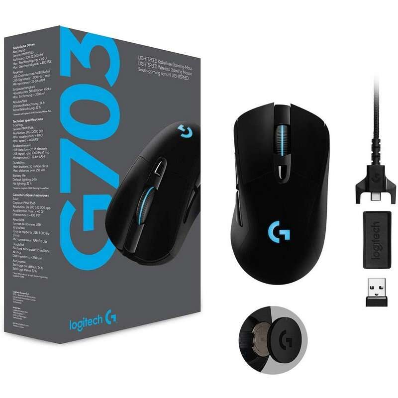 Rato USB sem fios Logitech G703 Lightspeed 16000 dpi - 5 botões - Peso regulável - Iluminação LED - Utilização por destros - Preto