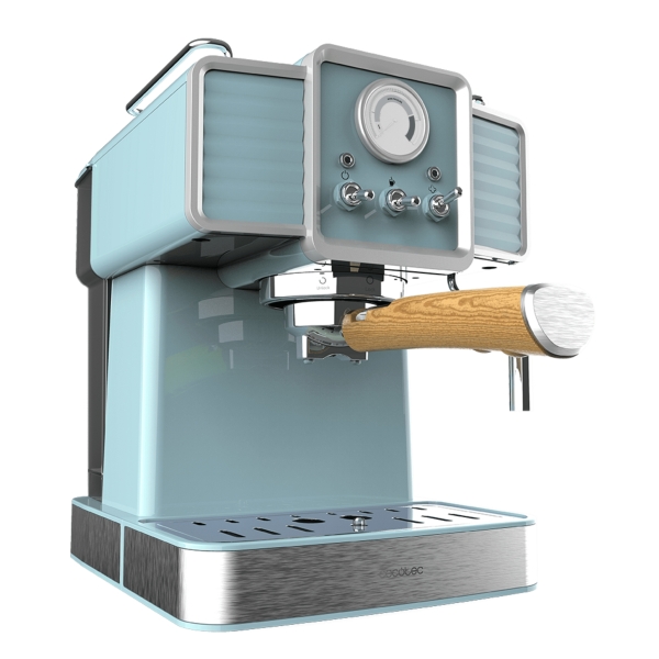 Máquina de café expresso Cecotec Power Espresso 20 Tradizionale Azul Claro - 1350W - 20 Bar - Manómetro - Bocal de vapor ajustável - Capacidade de 1,5L - Estilo vintage - Aço inoxidável - Azul claro