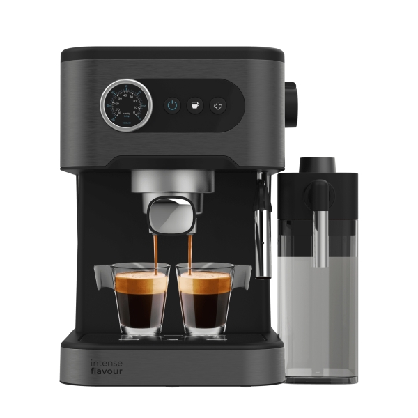 Máquina de café expresso Cecotec Power Espresso 20 Pro Latte - Capacidade de 1,5L - Pressão de 20 bar - Reservatório de 550ml - Bocal de vapor - Aquecedor de chávenas - Reservatório de leite - Visor com botões - Preto