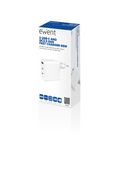 Carregador USB Ewent EW1323 - 3 Portas - Saída Máxima 65W - 1 USB A e 2 USB C - Branco