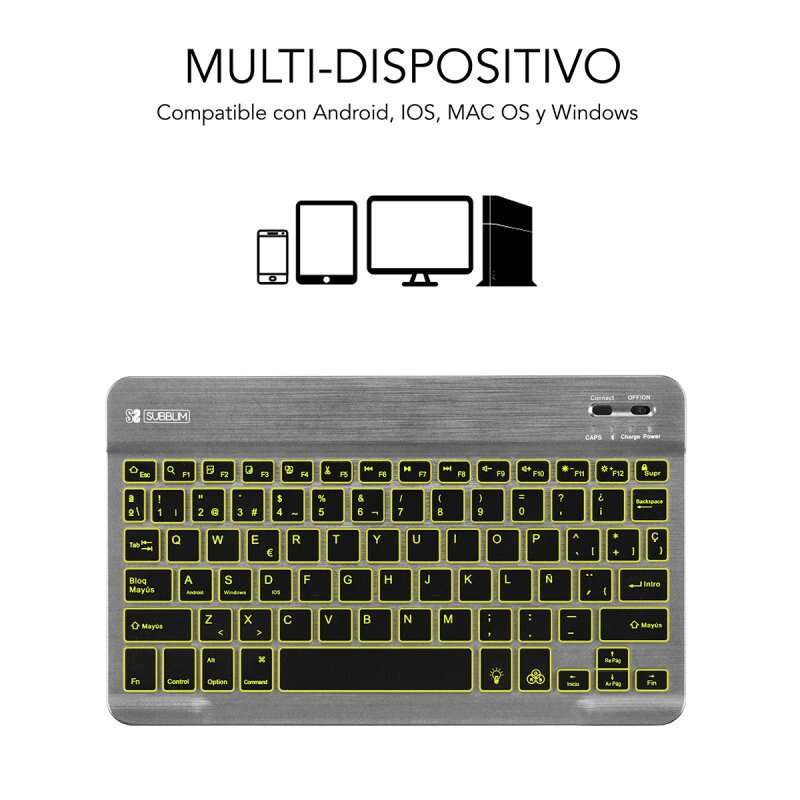Teclado Subblim com retroiluminação BT - 6 mm de espessura - Conectividade Bluetooth 3.0 - Teclas de alta precisão - Bateria de iões de lítio recarregável - Cinzento