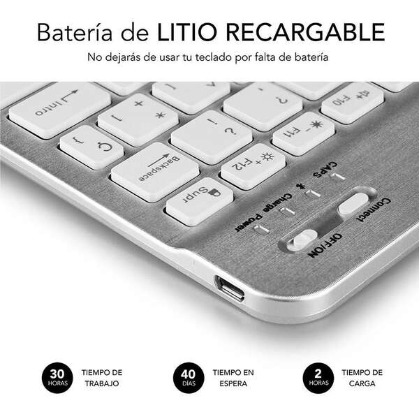 Teclado Bluetooth inteligente Subblim - Ultrafino e ultraleve - Conectividade sem fios Bluetooth 30 - Compatível com Apple, Android, Windows e Smart TV - Design fino de 6 mm - Teclas tipo pastilha elástica - Bateria de longa duração - Cor prata
