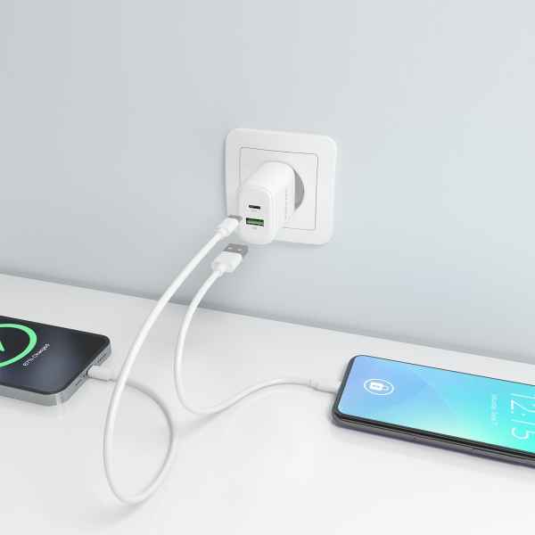 Carregador Aisens GaN 20W - 1xUSB-C PD3.0 - 1xUSB-A QC3.0 - Branco