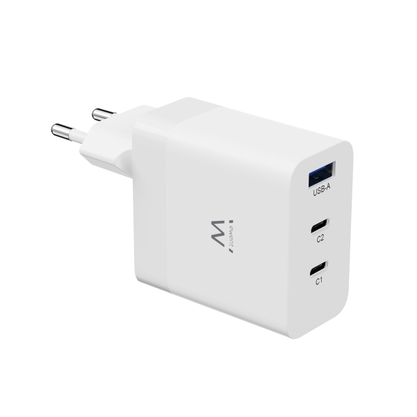 Carregador USB Ewent EW1323 - 3 Portas - Saída Máxima 65W - 1 USB A e 2 USB C - Branco
