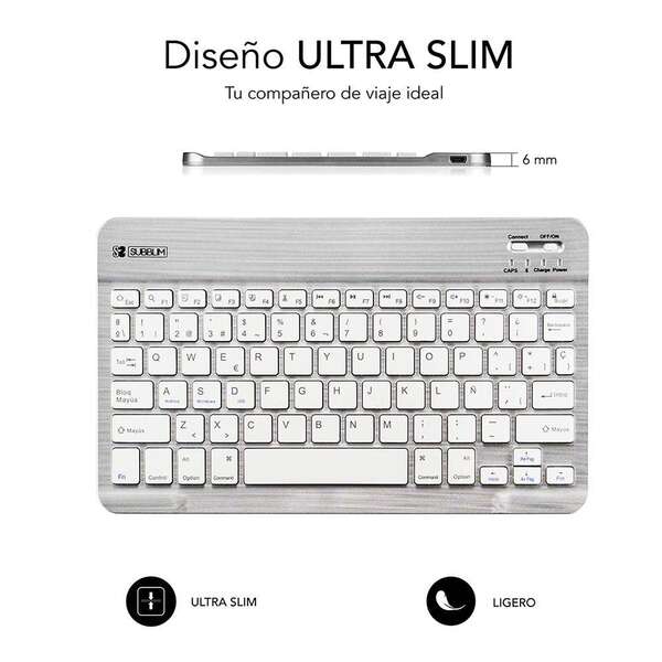 Teclado Bluetooth inteligente Subblim - Ultrafino e ultraleve - Conectividade sem fios Bluetooth 30 - Compatível com Apple, Android, Windows e Smart TV - Design fino de 6 mm - Teclas tipo pastilha elástica - Bateria de longa duração - Cor prata