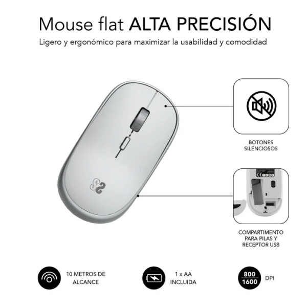 Mini mouse sem fio Subblim - 54 mm x 25 mm - Silencioso - Precisão ajustável - Acabamento de qualidade - Ambidestro - 4 botões - Economia de energia - Branco