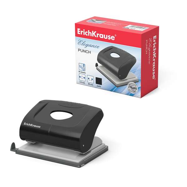 Furador Erichkrause Elegance - Perfura até 20 folhas - Mecanismo em aço de alta qualidade - Base em plástico - Diâmetro do furo: 55 mm - Cores sortidas