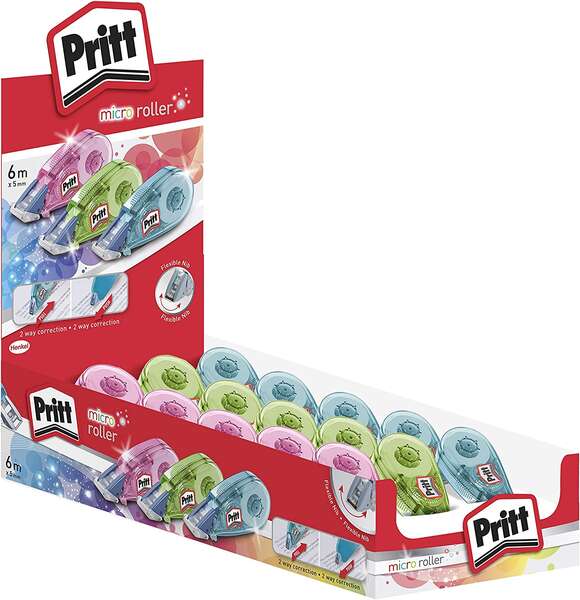 Caixa 15 Unidades - Fita Corretora Pritt Micro Roller 5mm x 6m - Aplicação Limpa - Precisa - Reciclável - Azul, Verde e Rosa