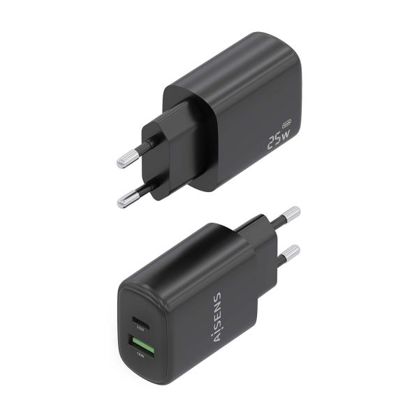 Carregador Aisens 25W - 1xUSB-C PD3.0 - 1xUSB-A QC3.0 - Cor Preto