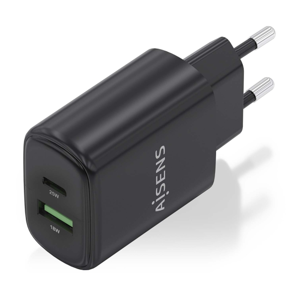 Carregador Aisens 25W - 1xUSB-C PD3.0 - 1xUSB-A QC3.0 - Cor Preto