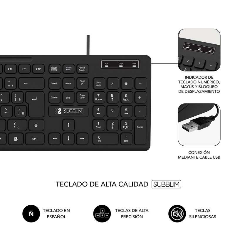 Teclado empresarial silencioso Subblim Slim com cabo USB - Design ergonômico e teclas planas de baixo perfil - Resistente a derramamento - Teclas silenciosas - Preto