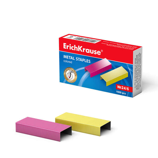 Caixa Erichkrause com 1000 agrafos coloridos 24/6 - Arame de aço de alta qualidade - Resistência melhorada - Cores sortidas