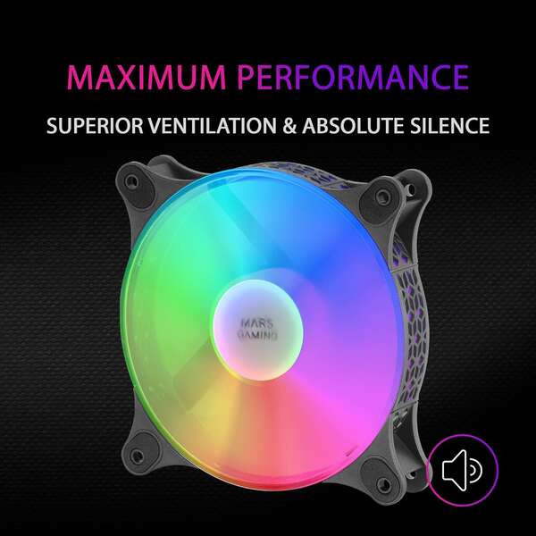 Kit de Ventoinhas Mars Gaming com 2 Ventoinhas Espetaculares FRGB RAINBOW 360º - 120x120x25mm - Iluminação FRGB RAINBOW 360º - Refrigeração Superior e Silenciosa - Ligação 3PIN+4PIN - Preto