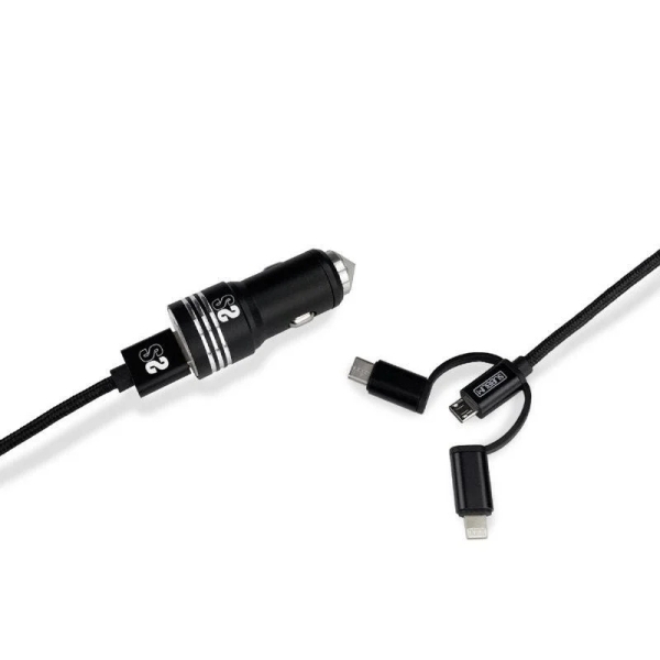 Carregador de isqueiro Subblim Dual USB - 1 m de comprimento - Carregamento rápido até 2.400 A/12 W - Exterior em fibra de nylon durável - Preto