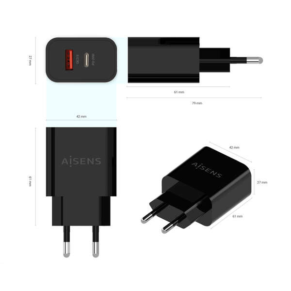 Carregador Aisens 20W - 1xUSB-C PD3.0 - 1xUSB-A QC3.0 - Cor Preto