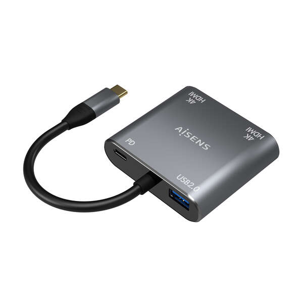 Conversor Aisens USB-C para 2xHDMI 4K SST MST/USB2.0/USB-C PD 60W - USB-C/M-2xHDMI/H-USB-A/H-USB-C/H - 15CM - Cinzento