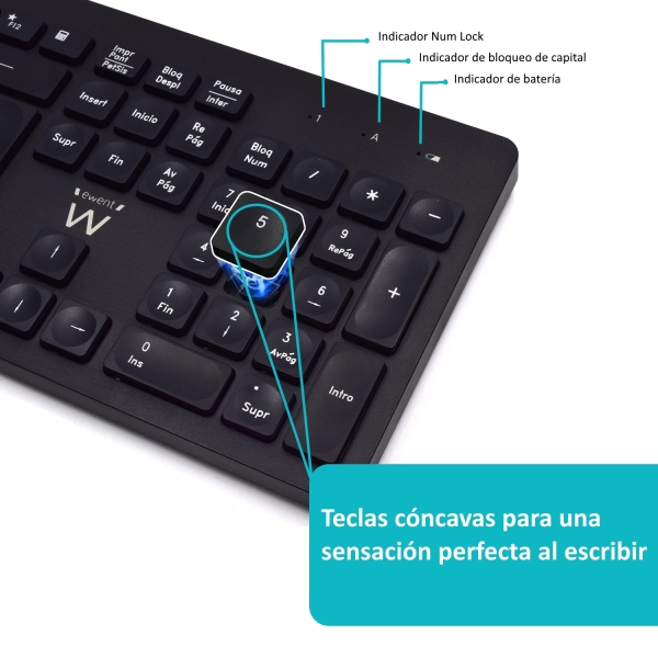 Ewent 2,4 Hz KB+MOUSE Wireless Package - Teclado de escritório em Espanhol com 13 teclas multimédia - Rato de viagem - 1000 dpi - Receptor USB-A - 2 pilhas AA (incluídas) - Preto
