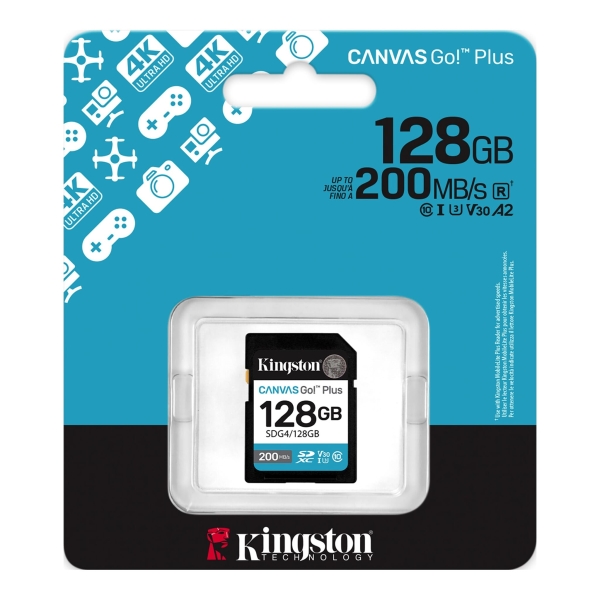 Cartão Kingston SDXC 128GB UHS-I U3 V30 Classe 10 200MB/s Canvas Go Plus